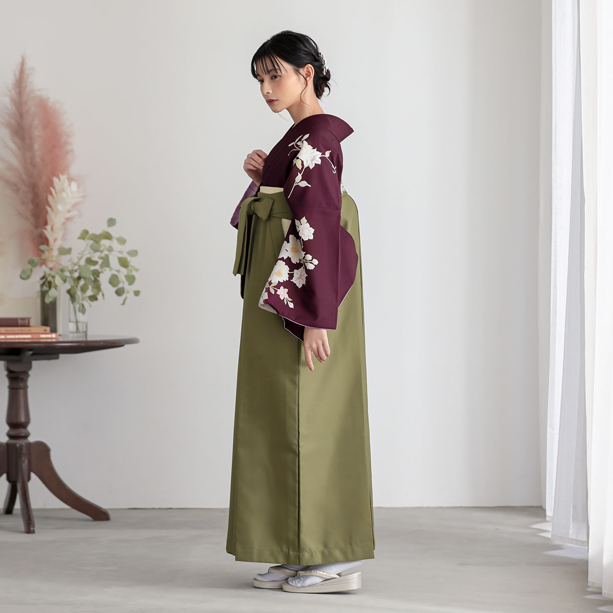 先生袴：H1415 ボルドー 芙蓉に鉄線│ 袴レンタル │ 京都着物レンタル夢館