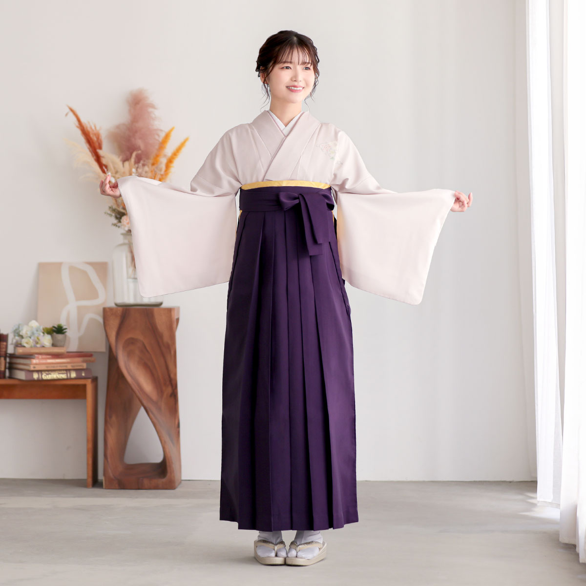 先生袴：H1488 桜ねず×薄オレンジ 付け下げ 菱紋 葡萄に松│ 袴