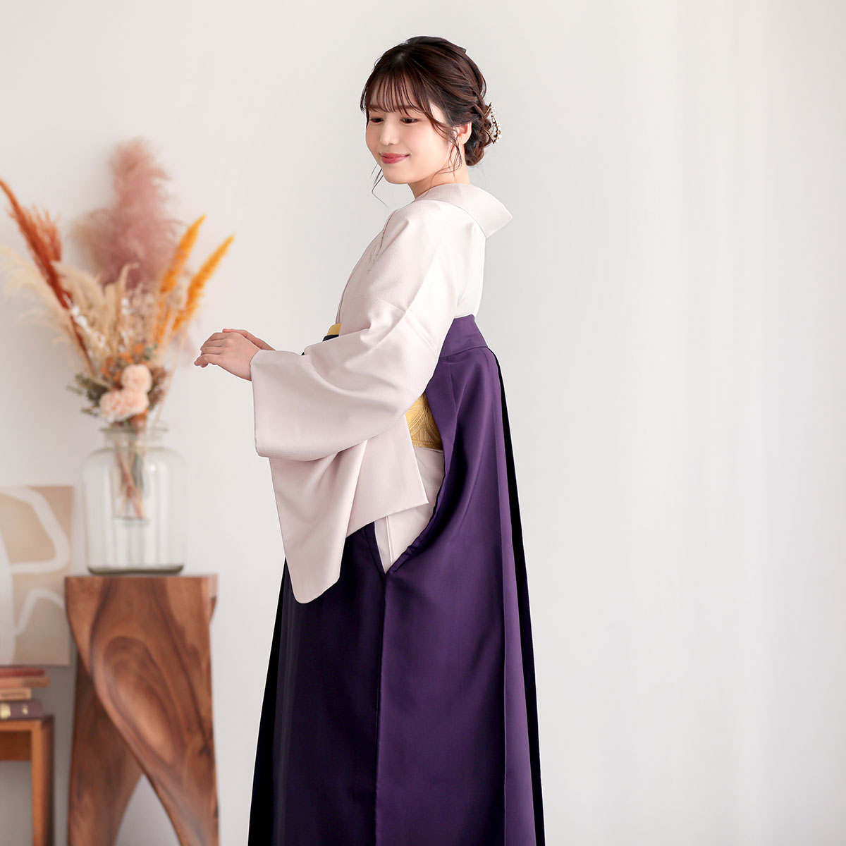 先生袴：H1488 桜ねず×薄オレンジ 付け下げ 菱紋 葡萄に松│ 袴
