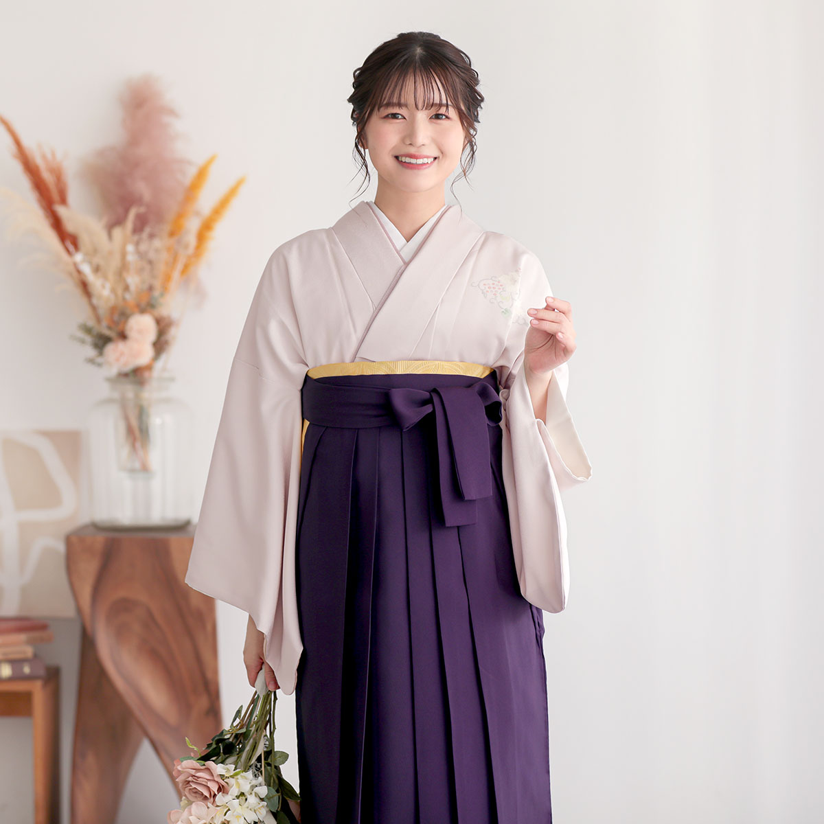 先生袴：H1488 桜ねず×薄オレンジ 付け下げ 菱紋 葡萄に松│ 袴