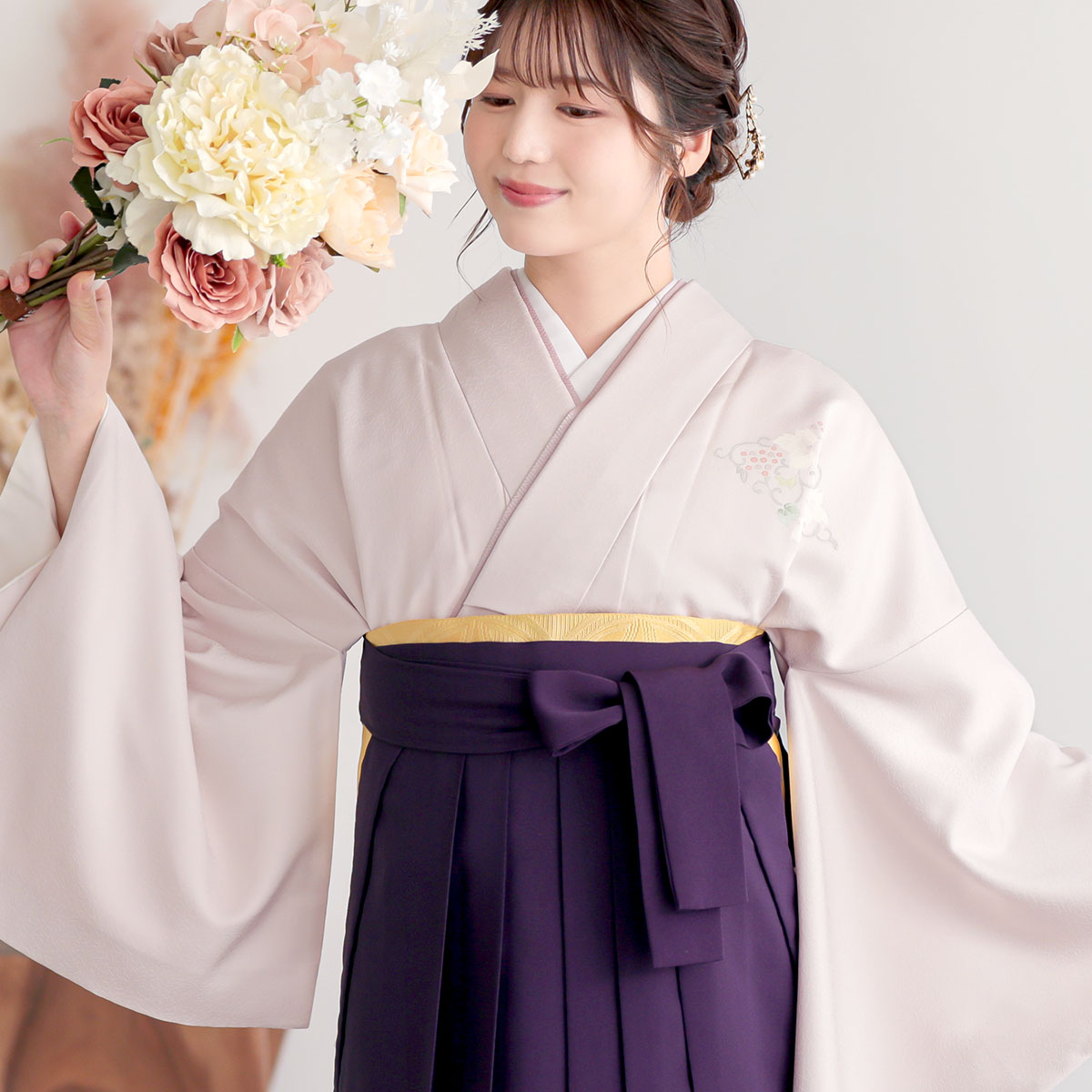 先生袴：H1488 桜ねず×薄オレンジ 付け下げ 菱紋 葡萄に松│ 袴