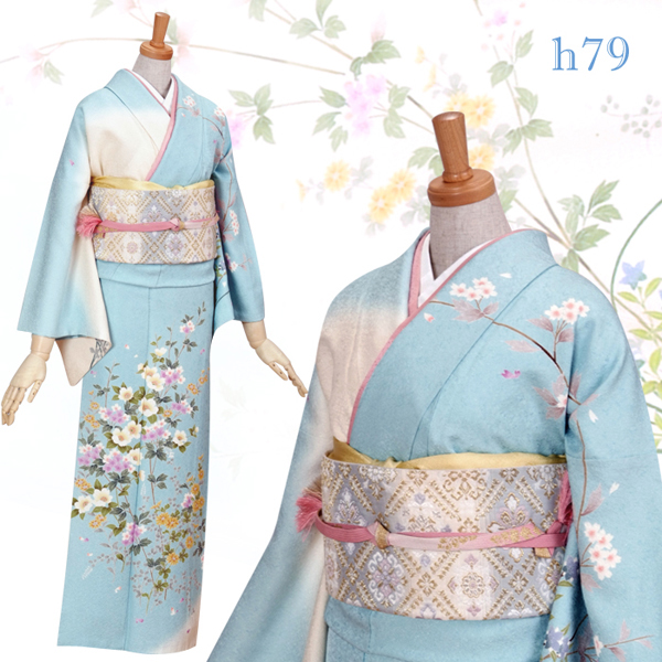 訪問着：H079 水色オフホワイト 桜と菊と山茶花☆| 訪問着レンタル