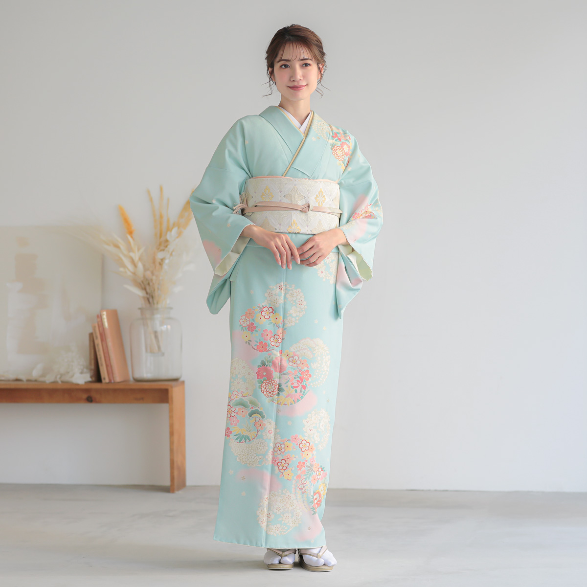 着物　合わせ　水色　花柄　２回着用 18 訪問着：H1005 ジャパンスタイル 水色 ピンクぼかし花丸(H993)| 訪問着