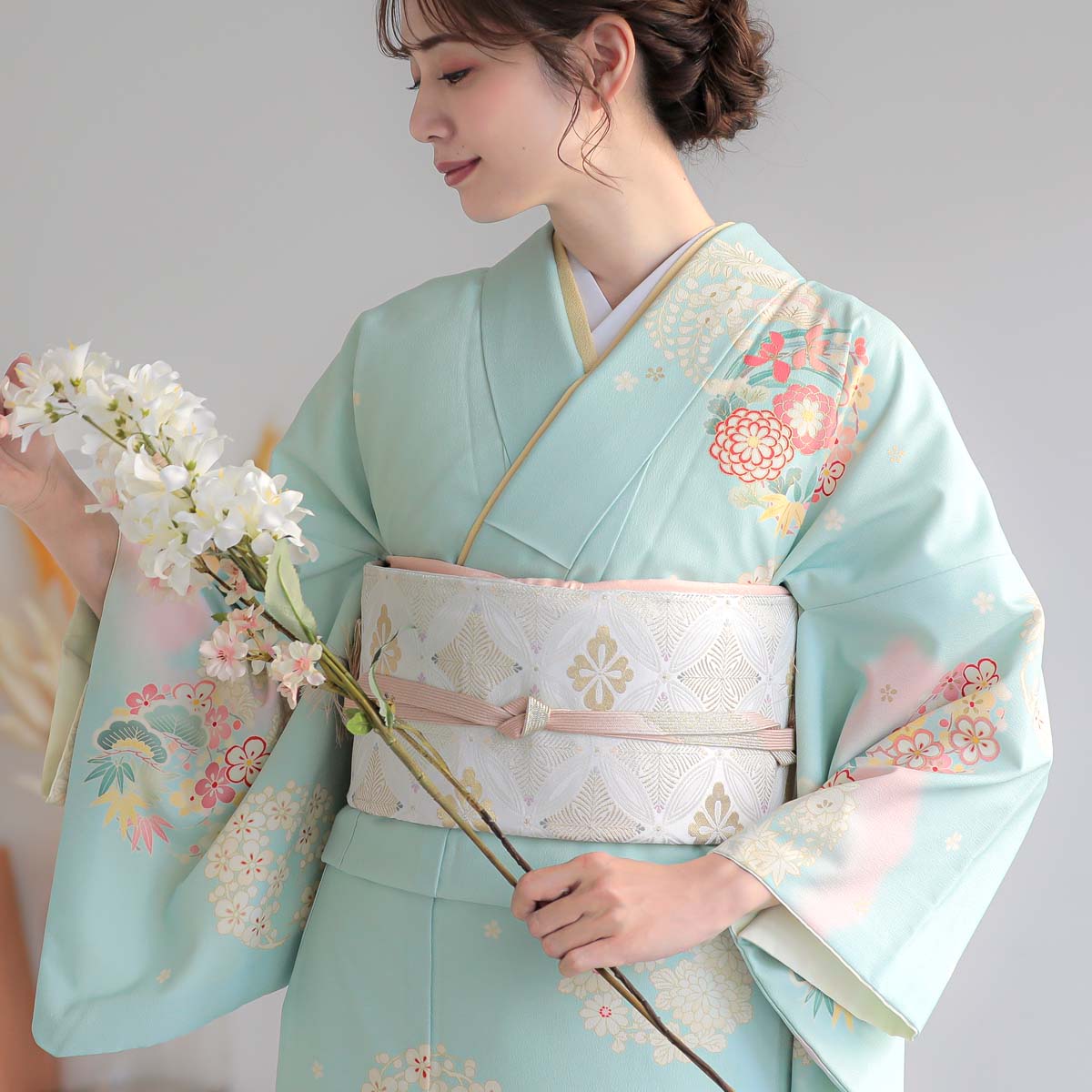 専用です☆薄ピンクにミントグリーンの着物 訪問着：H1005 ジャパンスタイル 水色 ピンクぼかし花丸(H993)| 訪問着