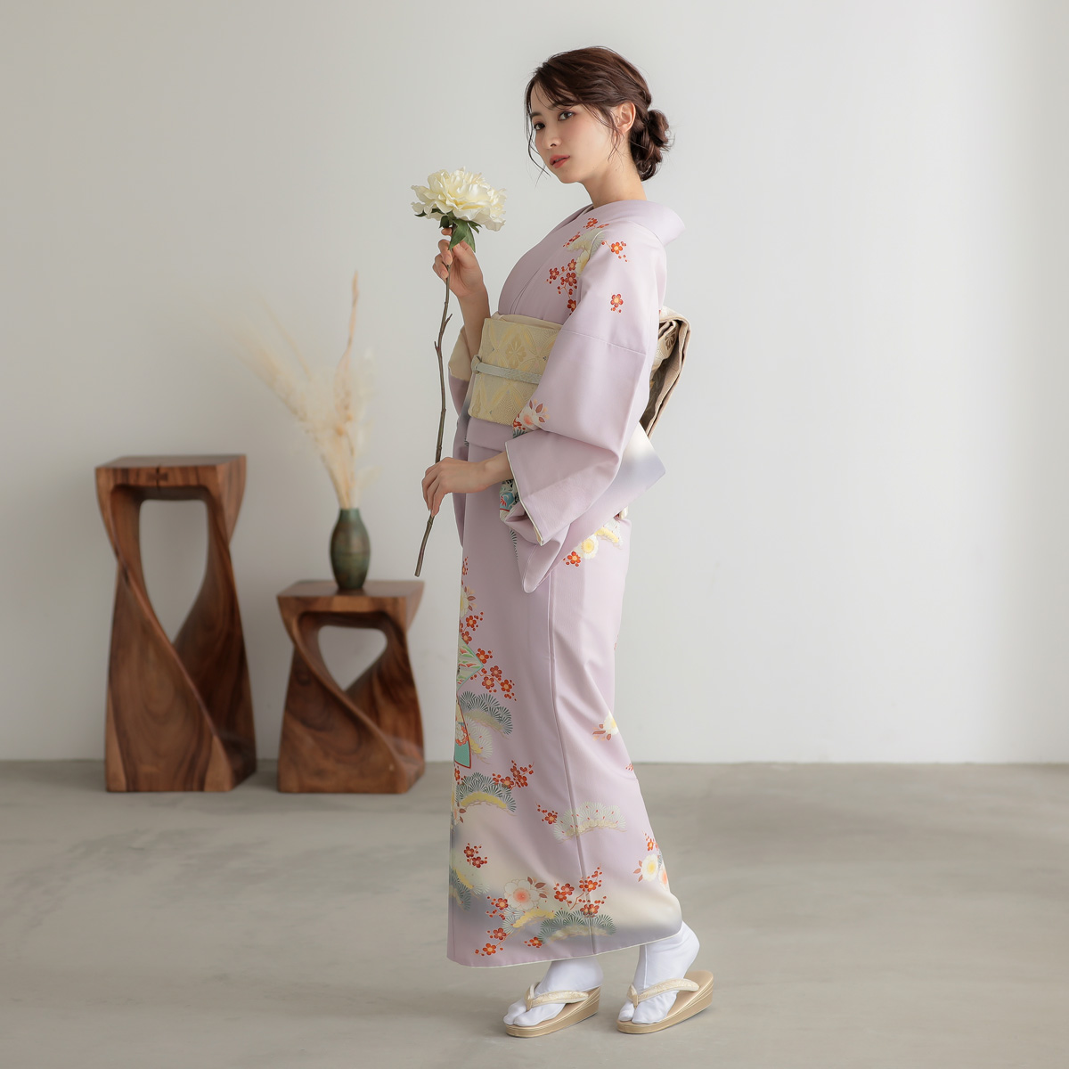 訪問着：H1014 藤色 扇面牡丹に鶴松桜(H1015)| 訪問着レンタル