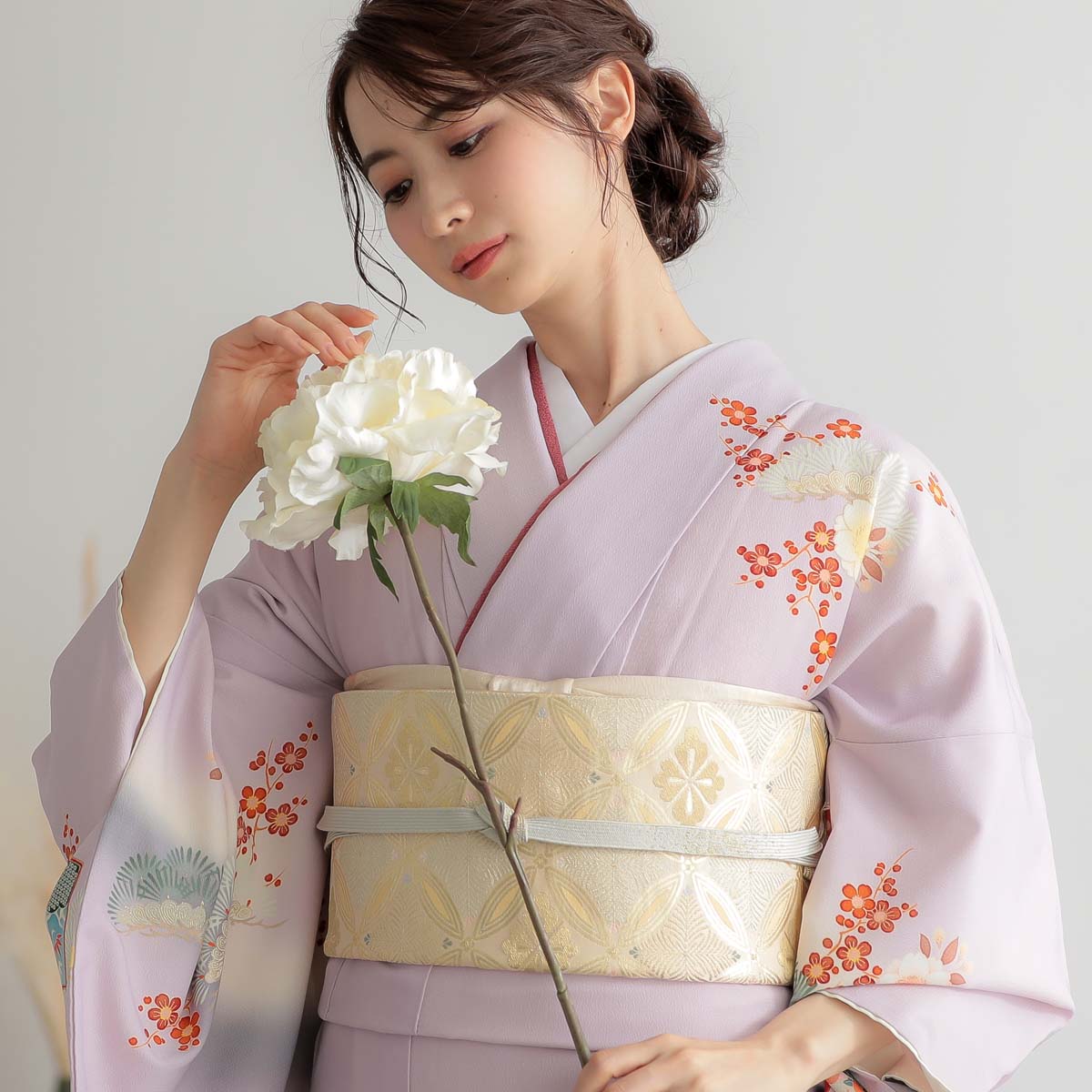 訪問着：H1014 藤色 扇面牡丹に鶴松桜(H1015)| 訪問着レンタル │ 京都