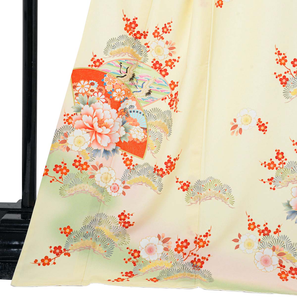 訪問着：H1016 薄黄色 扇面牡丹に鶴松桜(H1017)| 訪問着レンタル