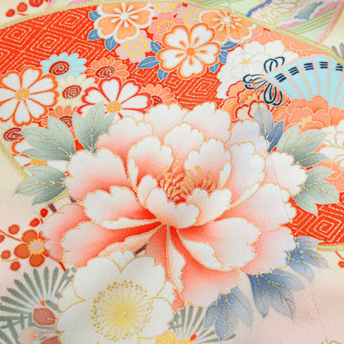 訪問着：H1016 薄黄色 扇面牡丹に鶴松桜(H1017)| 訪問着レンタル