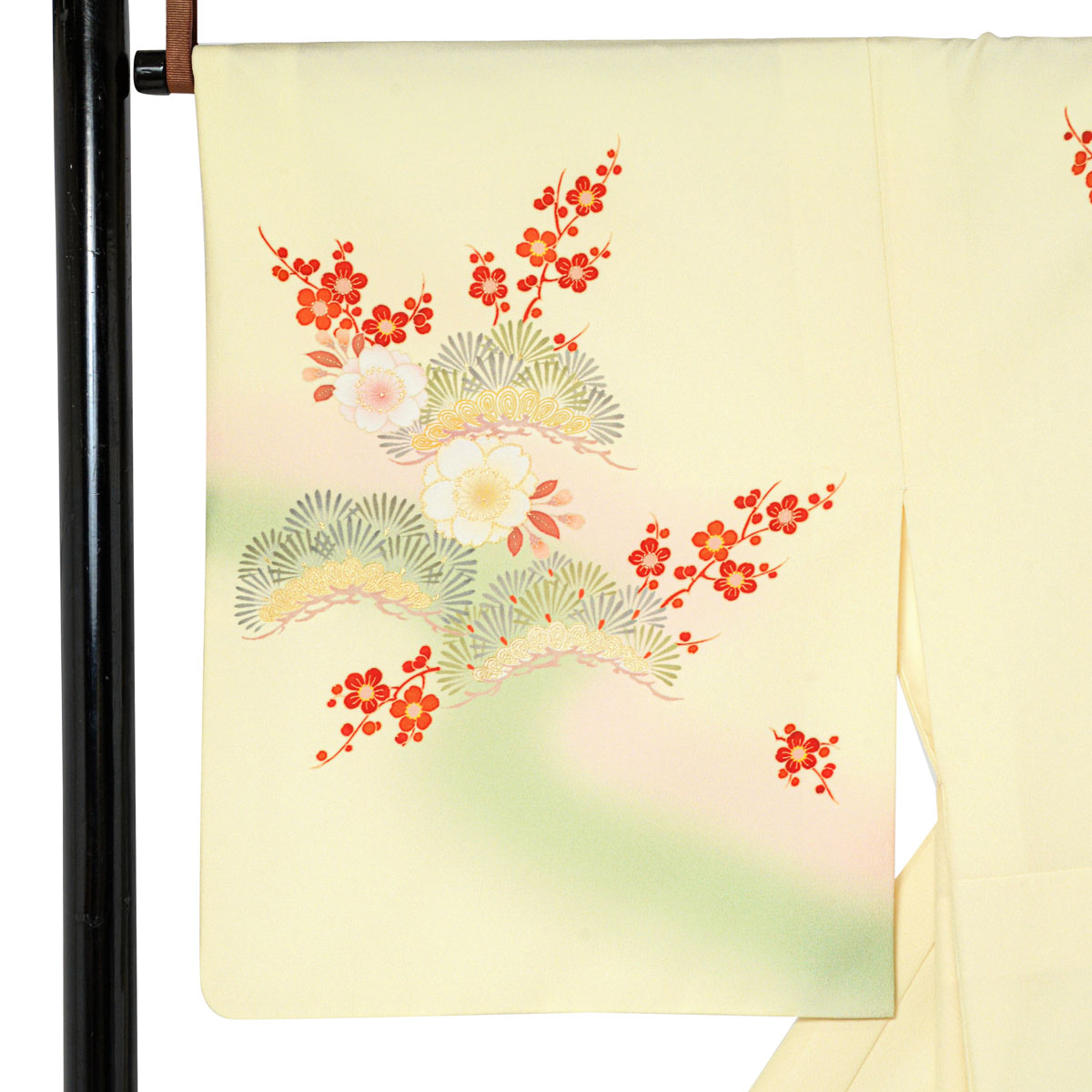 訪問着：H1016 薄黄色 扇面牡丹に鶴松桜(H1017)| 訪問着レンタル