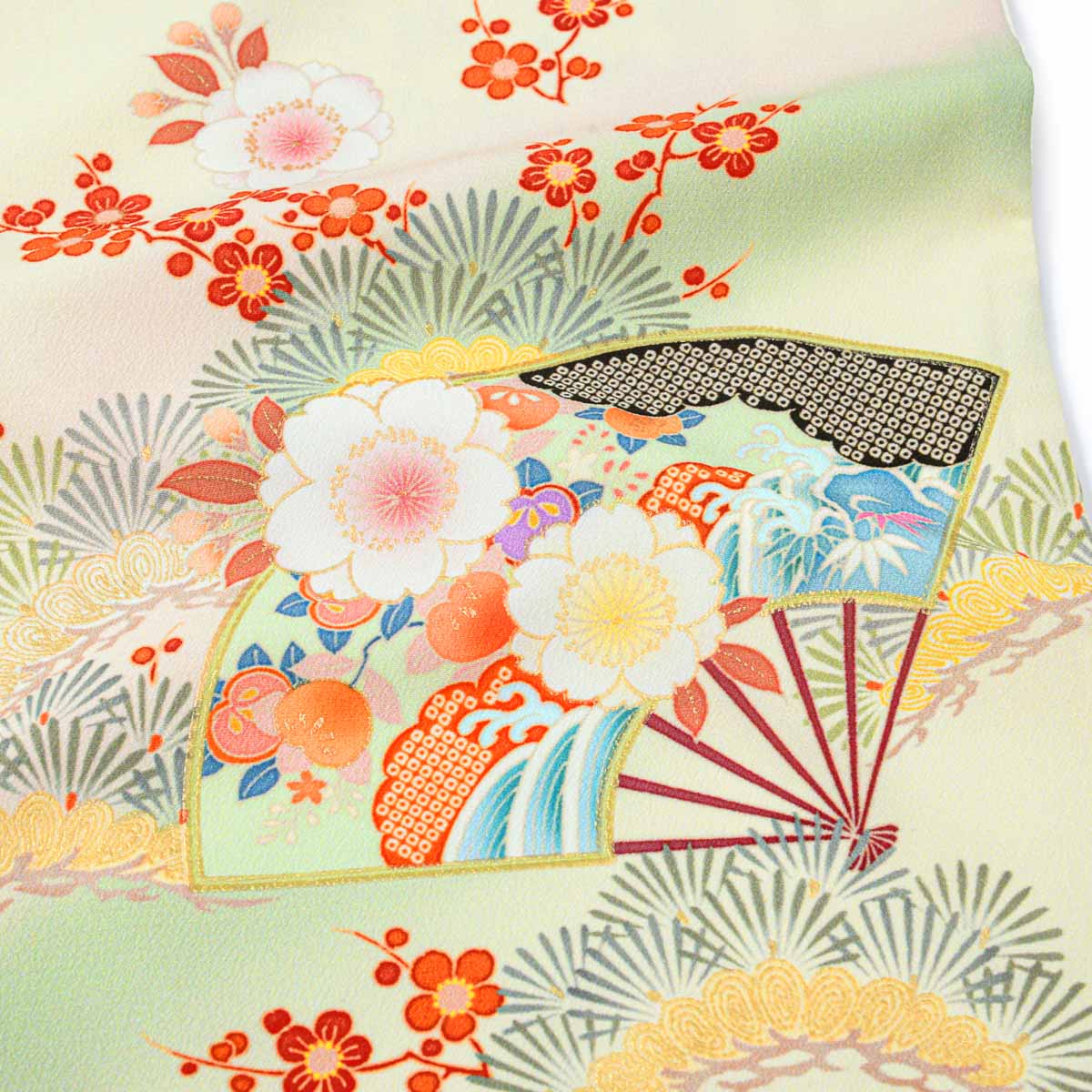 訪問着フルセット、扇面、流水、牡丹と四季の花　グラデーション　しつけ付き未使用品 訪問着フルセット、扇面、流水、牡丹と四季の花 グラデーション しつけ