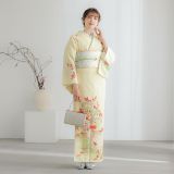 訪問着：H1016 薄黄色 扇面牡丹に鶴松桜(H1017)| 訪問着レンタル