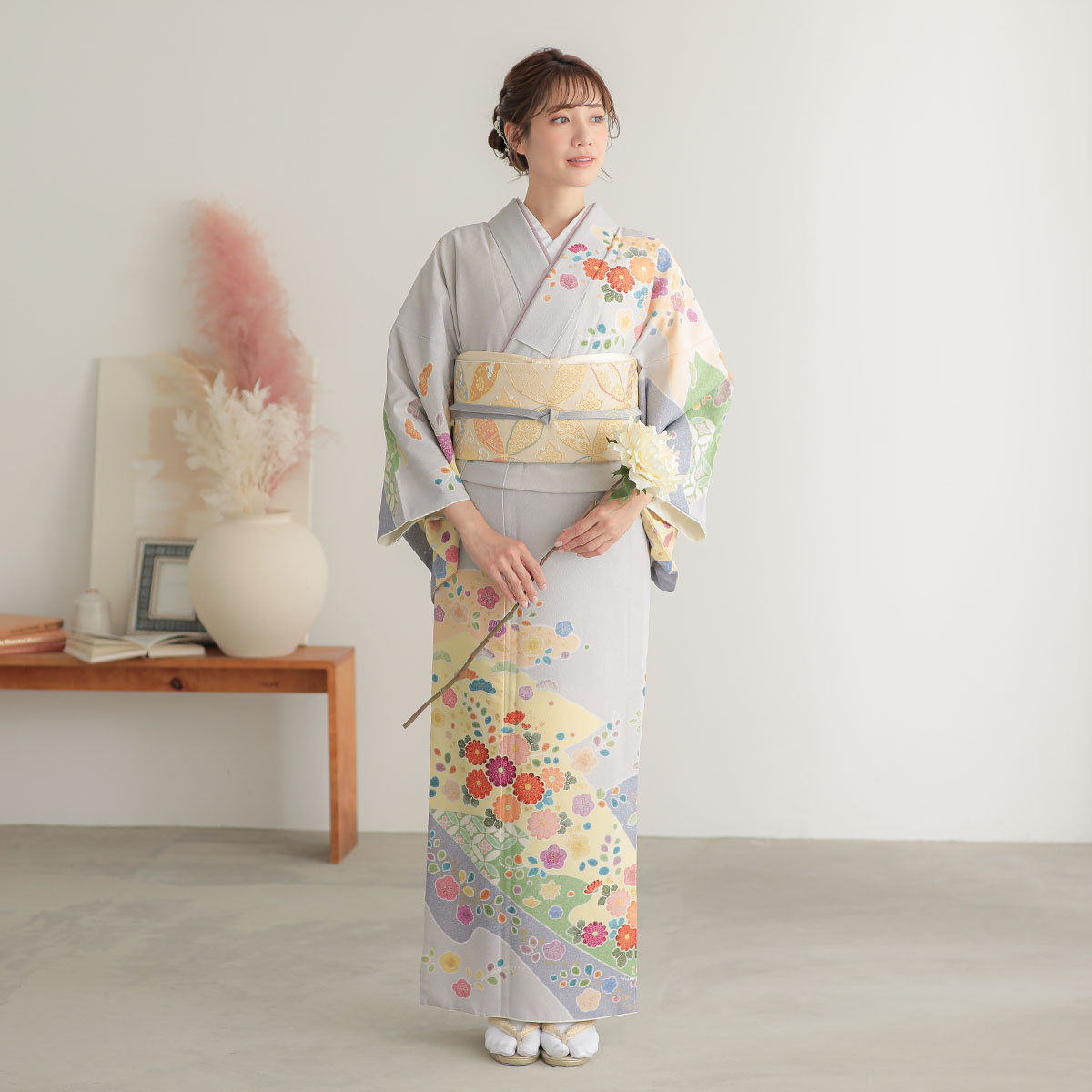 訪問着：H1023 ジャパンスタイル グレー 辻が花風吉祥花柄(H1024