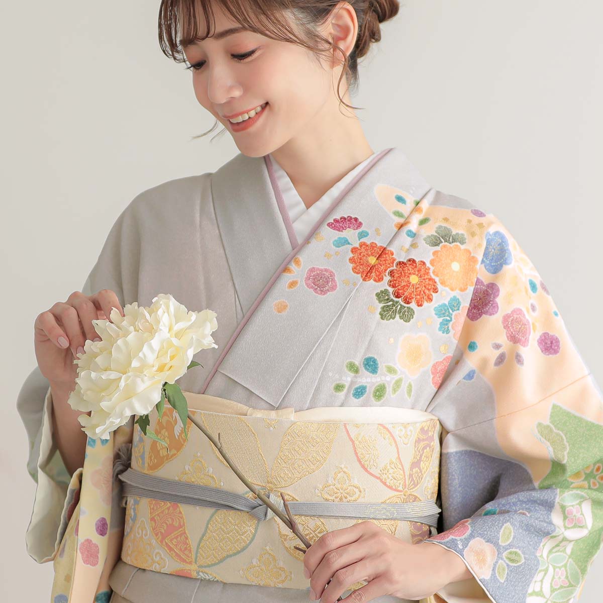 訪問着：H1023 ジャパンスタイル グレー 辻が花風吉祥花柄(H1024 