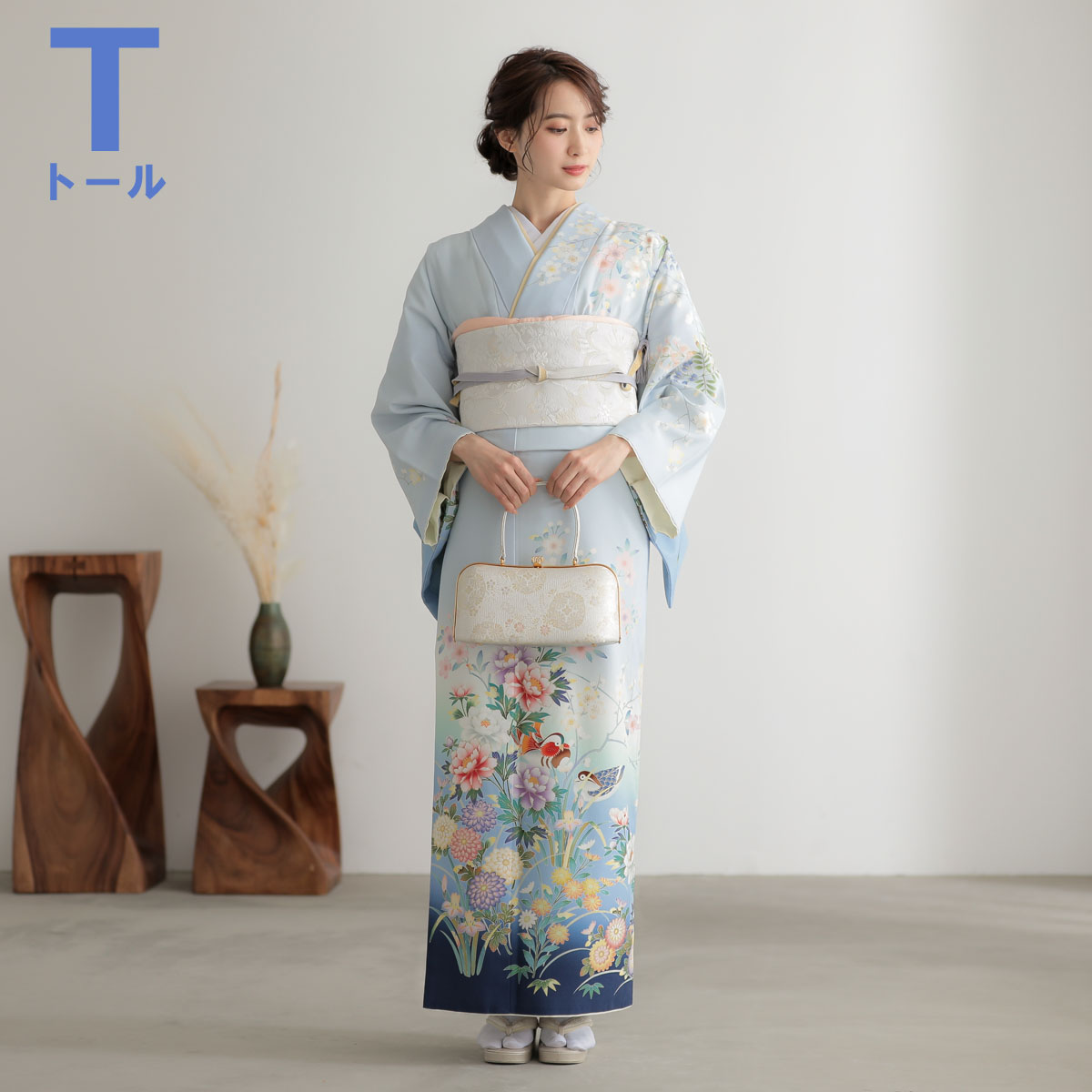 訪問着：H1026 ジャパンスタイル 水色裾紺ボカシ 鴛鴦に花(H1025 