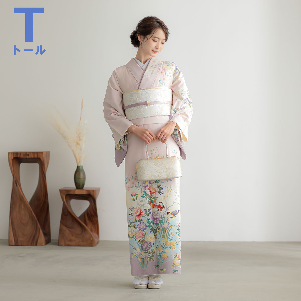 訪問着：H1028 ジャパンスタイル 薄ピンク裾藤鼠ボカシ 鴛鴦に花(H1027 