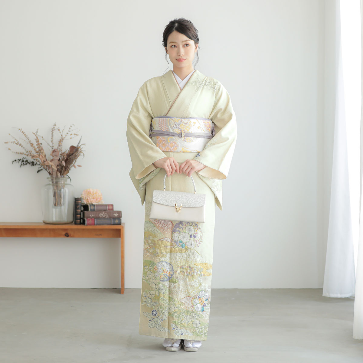 訪問着:H1043 桂由美 若菜地金通し 若草ぼかし 辻が花風 花丸文疋田
