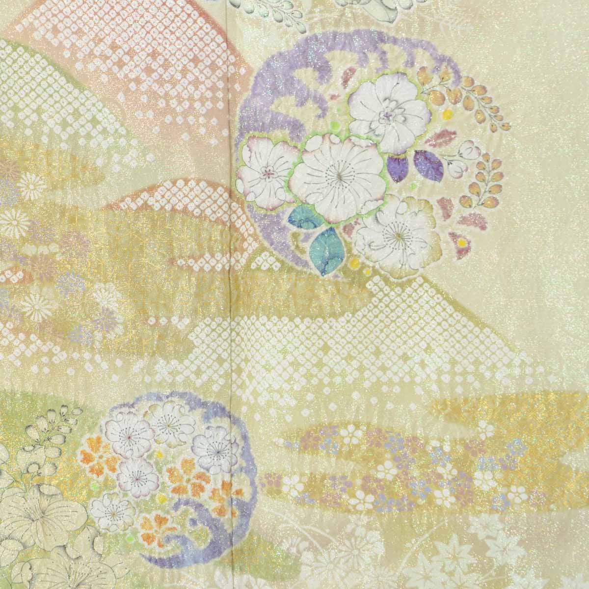 訪問着：H1043 桂由美 若菜地金通し 若草ぼかし 辻が花風 花丸文