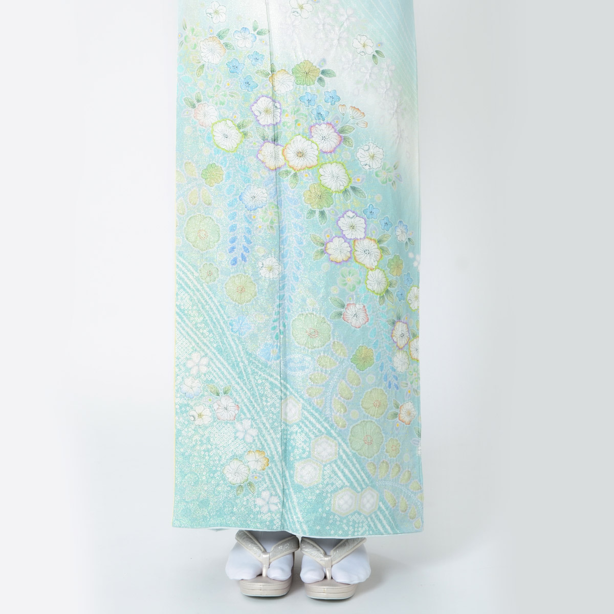 訪問着:H1045 桂由美 水色 金通し辻が花風 疋田流水に花| 訪問 訪問着:H1045 桂由美 水色 金通し辻が花風 疋田流水に花| 訪問