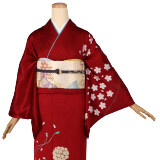 1点のみ コーデュロイ 着物 818 エンジ 仕立て上がり 赤 振袖レンタルE038エンジ色紅型 | 着物レンタルの京都かしいしょう