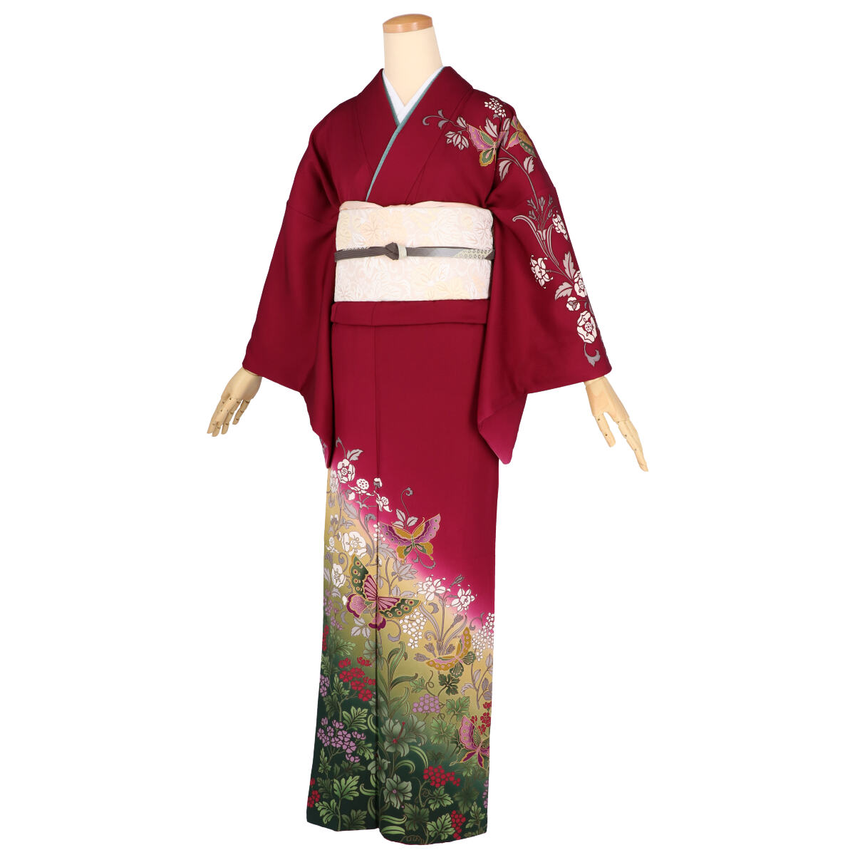 訪問着：H1155 赤紫 蝶に蔓草花| 訪問着レンタル │ 京都着物レンタル夢館