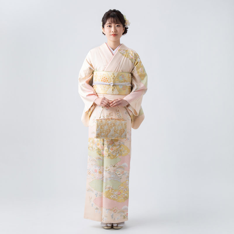クリーム色に垂れ花が可愛い着物と作り帯セット 訪問着：H1183 クリーム 雲取りに四季花| 訪問着レンタル │ 京都着物