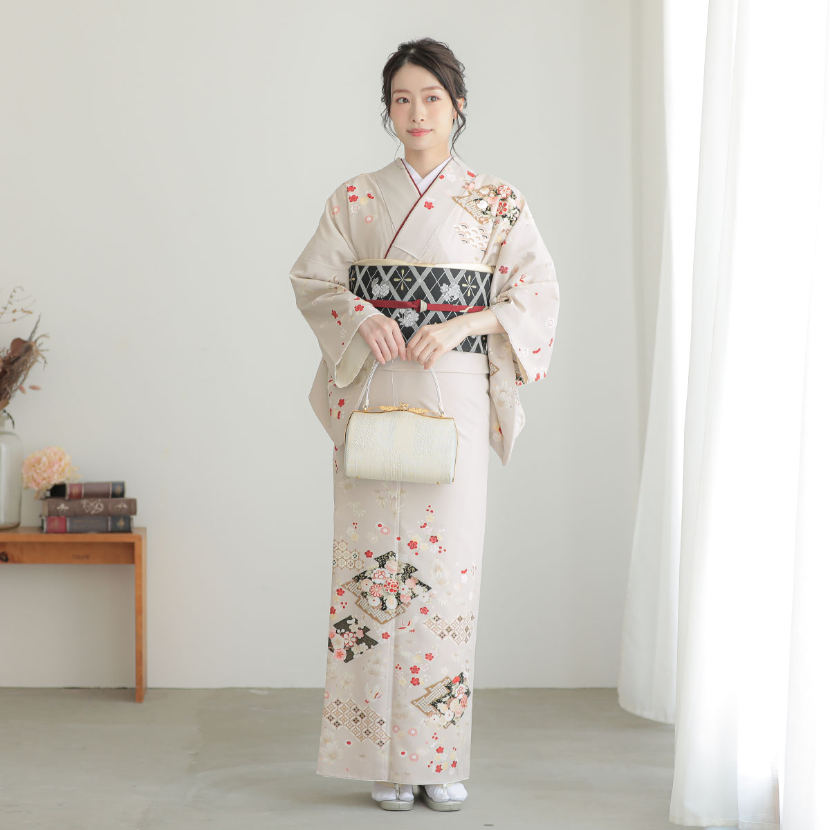 訪問着：H1188 ジャパンスタイル ベージュグレー 松川菱に鶴松竹梅