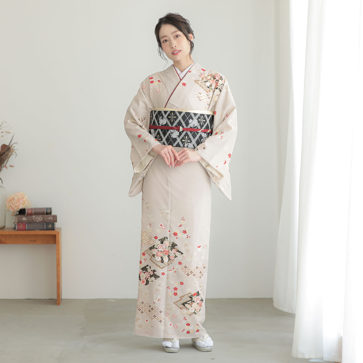 訪問着：H1188 ジャパンスタイル ベージュグレー 松川菱に鶴松竹梅