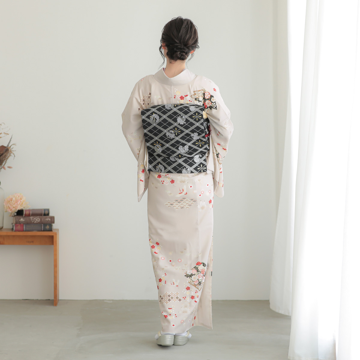 訪問着：H1188 ジャパンスタイル ベージュグレー 松川菱に鶴松竹梅 