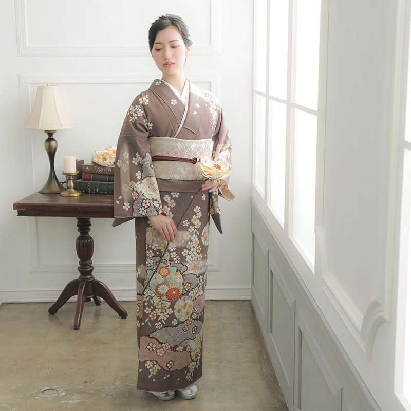 訪問着：H1209 ジャパンスタイル モカブラウン 雲取りに雪輪花| 訪問着