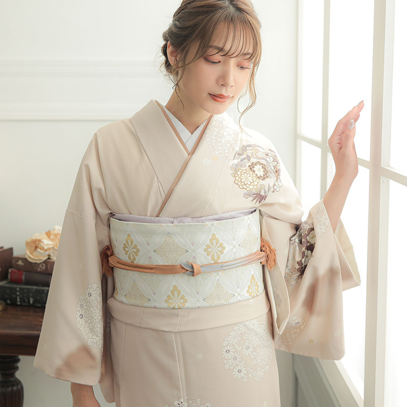 オレンジベージュ雲取り訪問着と袋帯・帯揚げ帯締めの4点フルセット