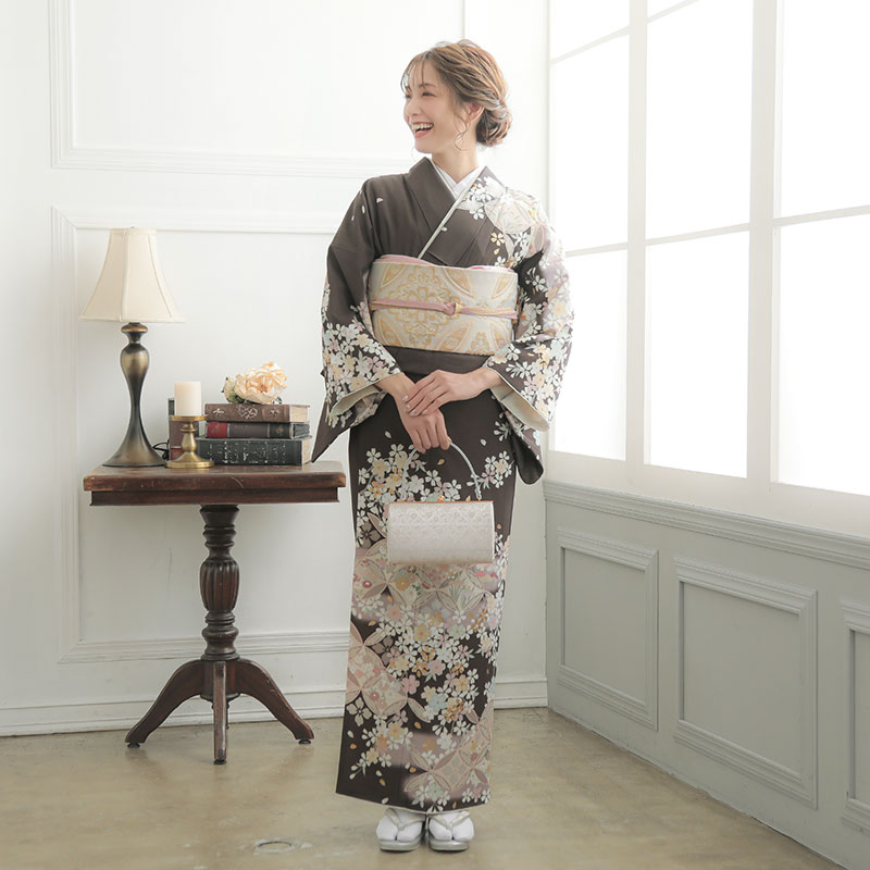 訪問着◇しっとり揺れる桜の花模様◇チャコールグレー◇袷正絹着物◇HB9-