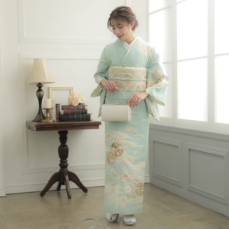 訪問着：H1263 ジャパンスタイル 水色 菊吉祥花破れ七宝| 訪問着  