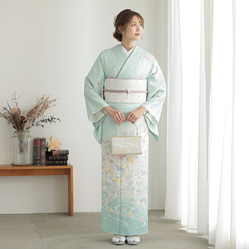 BY　2731　叩き染め　訪問着　松葉色　花熨斗　橘　松　桜　流水 訪問着：H1274 薄浅葱色 流水枝垂れ桜| 訪問着レンタル │ 京都着物