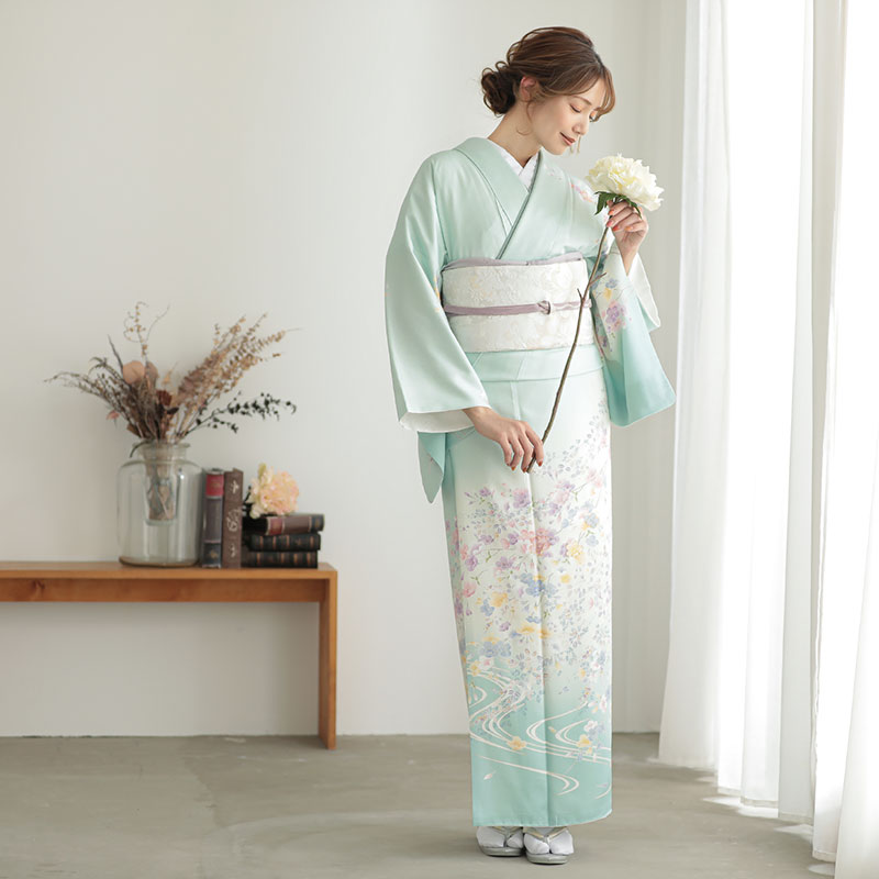 訪問着：H1274 薄浅葱色 流水枝垂れ桜| 訪問着レンタル │ 京都着物