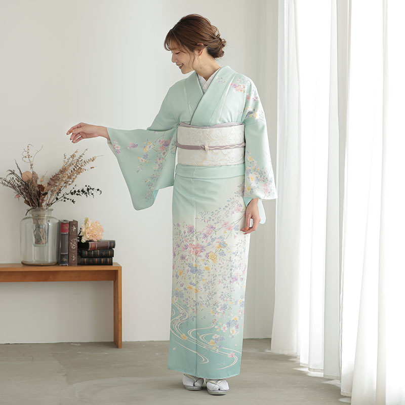 訪問着：H1274 薄浅葱色 流水枝垂れ桜| 訪問着レンタル │ 京都着物