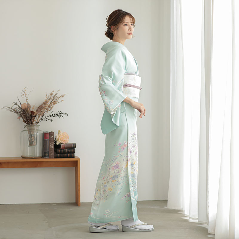 訪問着：H1274 薄浅葱色 流水枝垂れ桜| 訪問着レンタル │ 京都着物