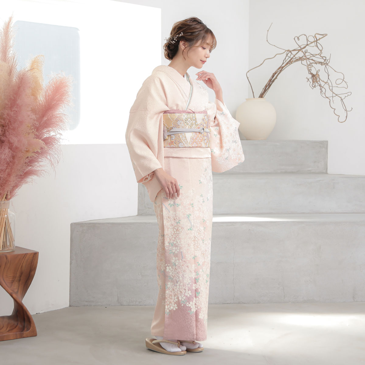 めぐみ☆正絹 着物訪問着　グレー　すすき、秋の草花 訪問着 レンタル おしゃれ 20点 フルセット 正絹 着物 菊 グレー
