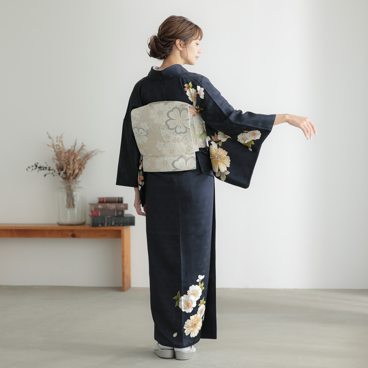 訪問着：H1309 濃紺 桜に菊| 訪問着レンタル │ 京都着物レンタル夢館
