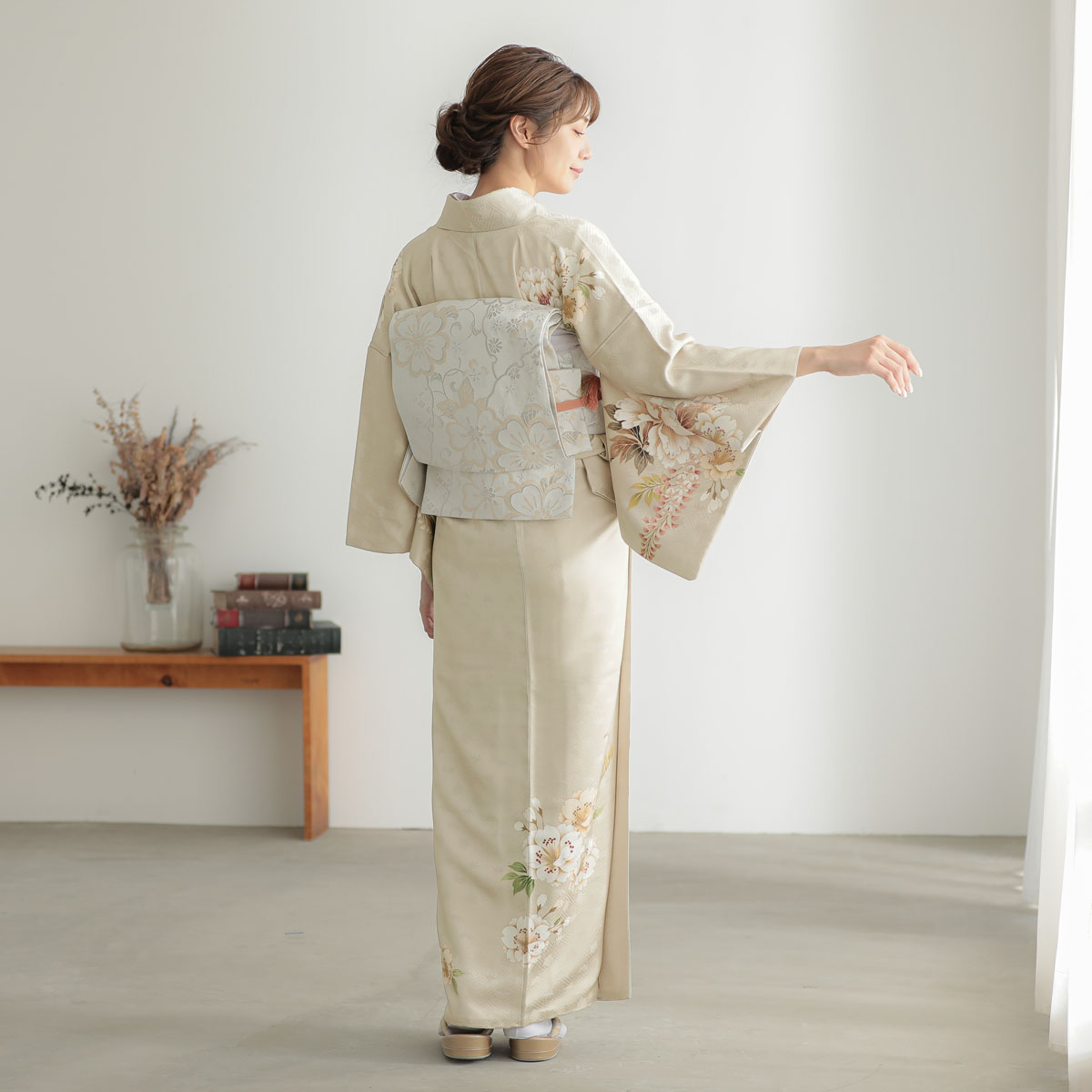 訪問着：H1311 ベージュ 牡丹に藤と桜| 訪問着レンタル │ 京都着物