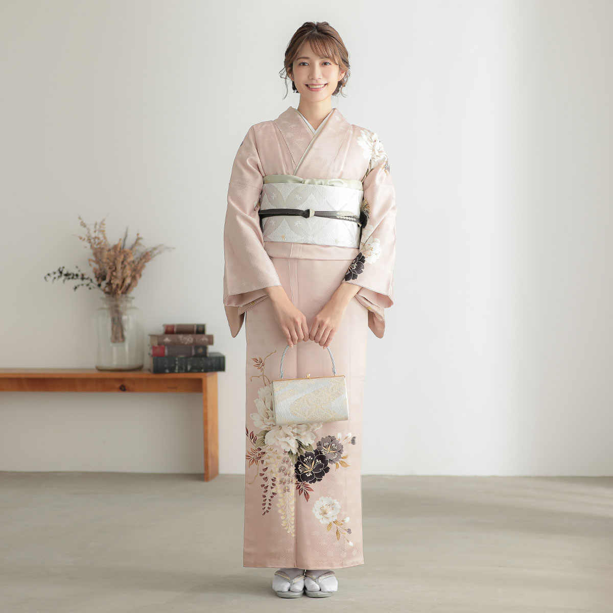 訪問着：H1312 ピンク 牡丹に藤と桜| 訪問着レンタル │ 京都着物