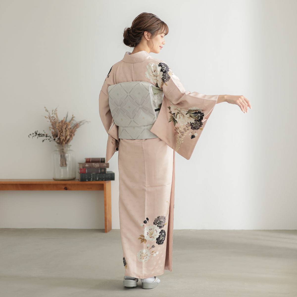 モダンなダークピンク　牡丹　藤　正絹振袖　長襦袢付　160cm　a657 F0455_06.jpg