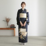 訪問着：H1313 紺 牡丹に笹| 訪問着レンタル │ 京都着物