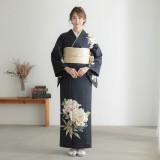 訪問着：H1313 紺 牡丹に笹| 訪問着レンタル │ 京都着物