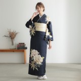 訪問着：H1313 紺 牡丹に笹| 訪問着レンタル │ 京都着物