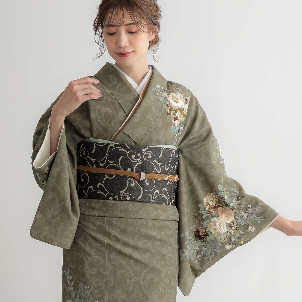 訪問着：H1316 ジャパンスタイル オリーブ 洋花のブーケ| 訪問着 