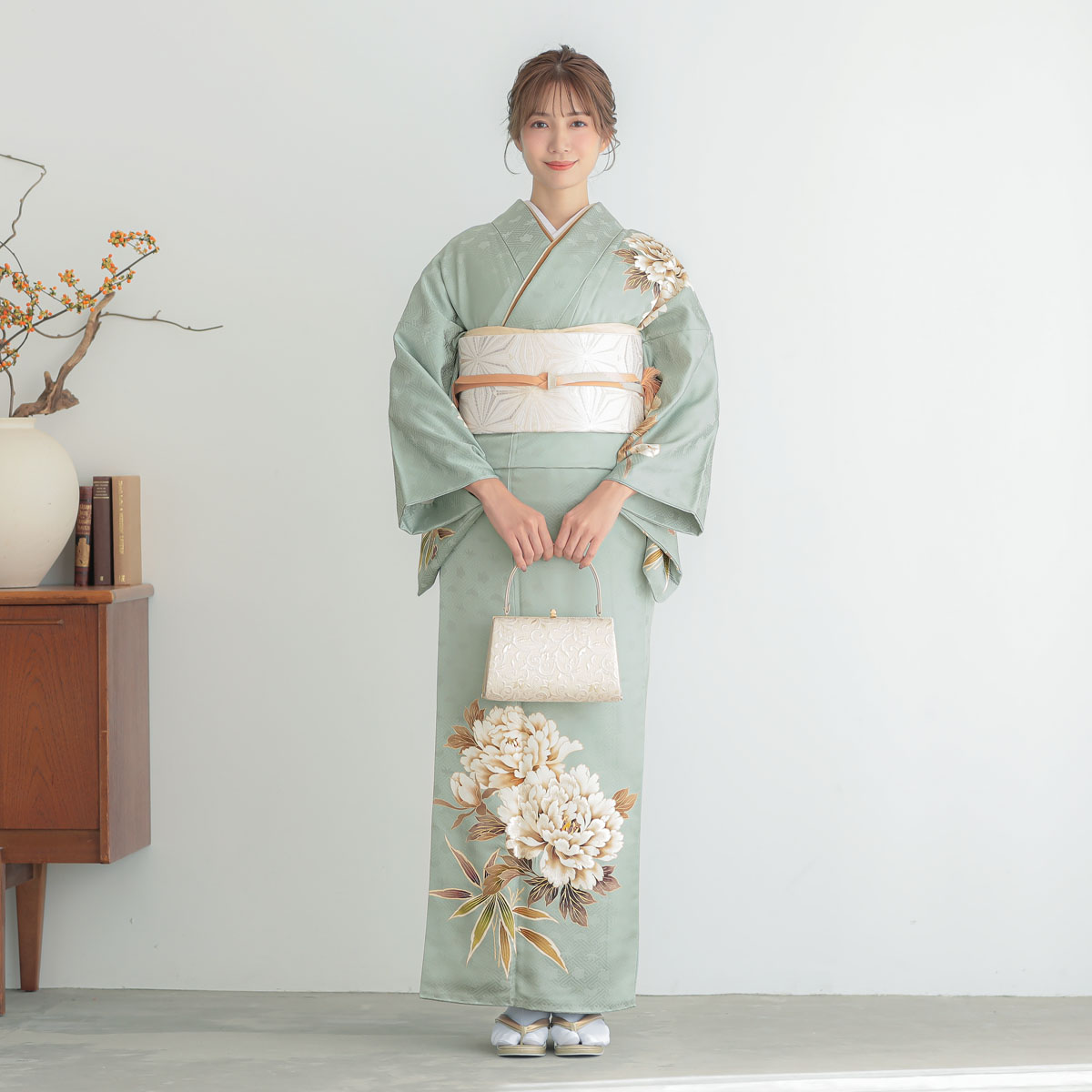 訪問着：H1356 セージグリーン 牡丹笹| 訪問着レンタル │ 京都着物