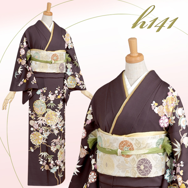 訪問着：H141 ブラウン 雪輪に橘と竹☆| 訪問着レンタル │ 京都着物