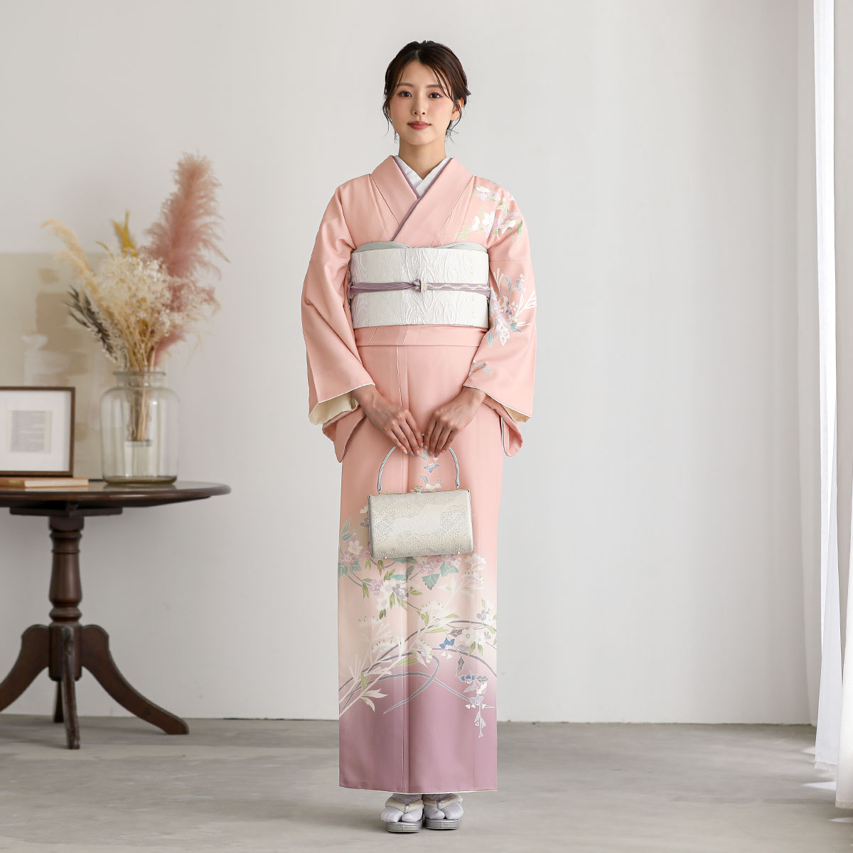訪問着：H1418 サーモンピンク×薄紫 桜に牡丹| 訪問着レンタル │ 京都