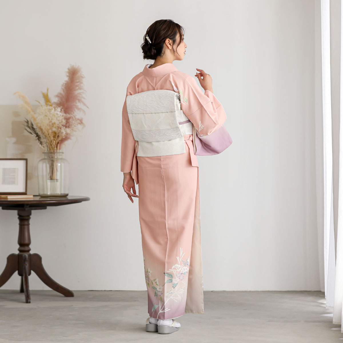 訪問着：H1418 サーモンピンク×薄紫 桜に牡丹| 訪問着レンタル │ 京都