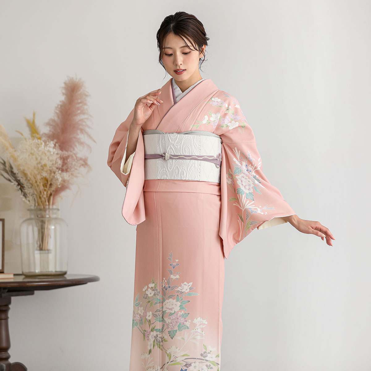 訪問着：H1418 サーモンピンク×薄紫 桜に牡丹| 訪問着レンタル │ 京都